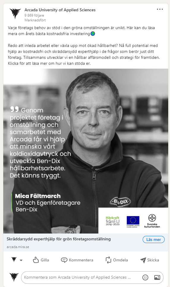 Feedback fått av Arcada om fördelarna med projektet ur företagarens synvinkel.
